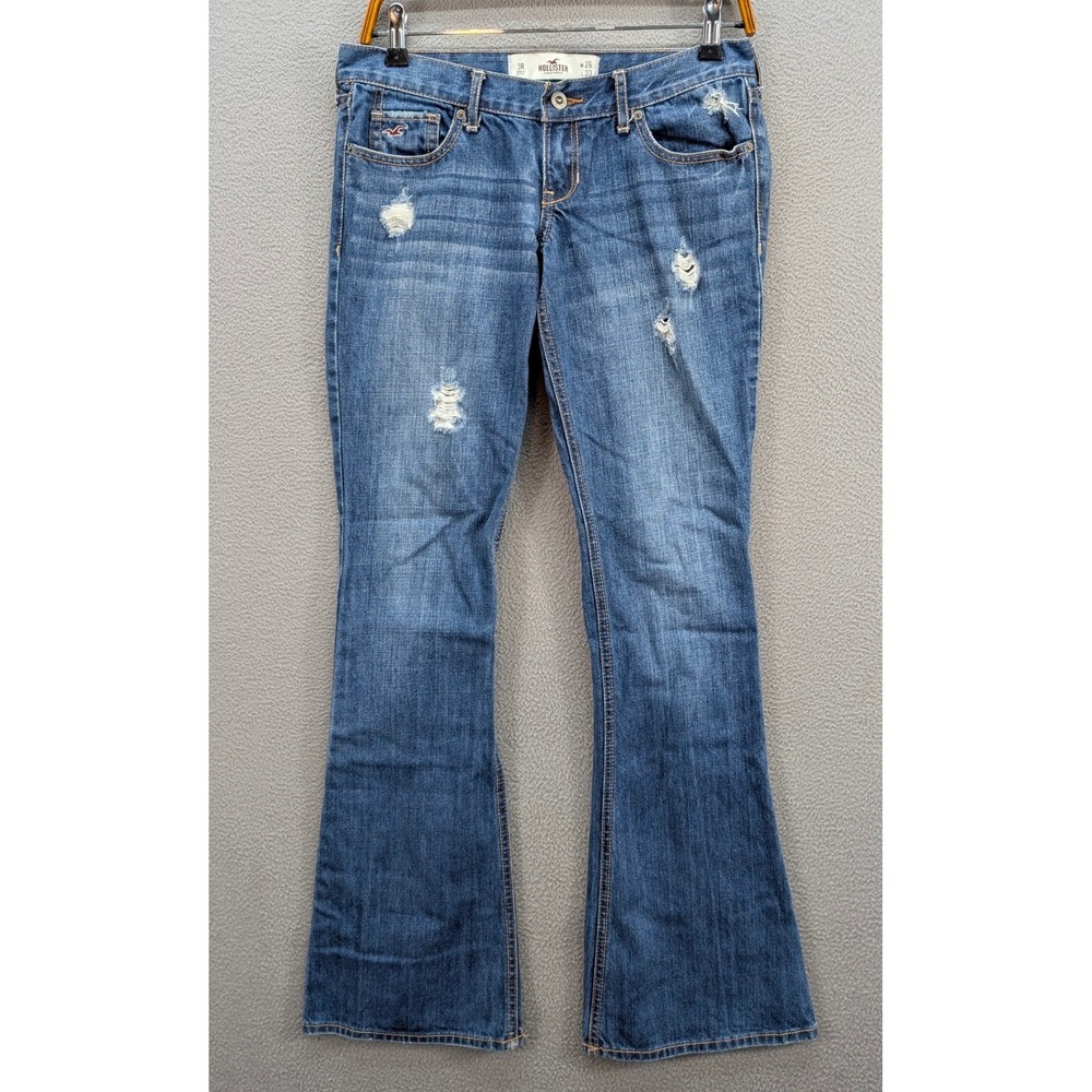 Hollister Flare Jeans Size 3R W26 L33 Women Distressed Blue Cotton Low Rise Y2K